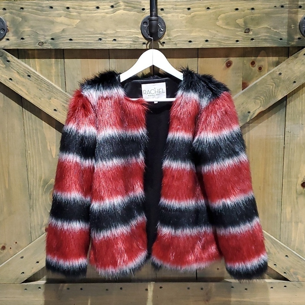 RACHEL ROY VEGAN FUR SHORT COAT SIZE XS BLACK RED MOBWIFE CLUBWEAR GOING OUT